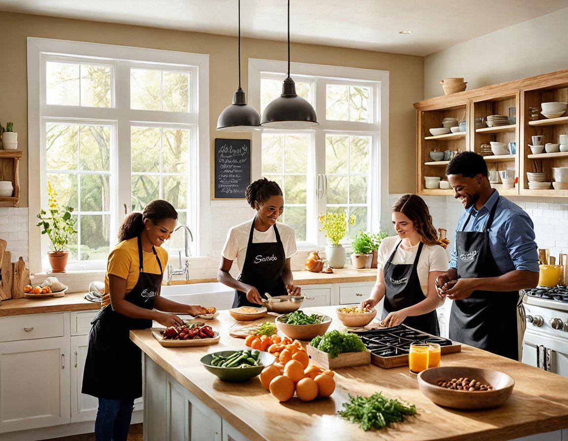 A cozy kitchen scene featuring a diverse group of friends happily cooking together, emphasizing collaboration and shared experiences. In the foreground, a chalkboard displays various insurance-related keywords like 'savings', 'coverage', and 'security', while vibrant ingredients and cooking tools surround them. A warm sunlight streams in through a window, adding a sense of hope and community. super-realistic. warm colors. white background.