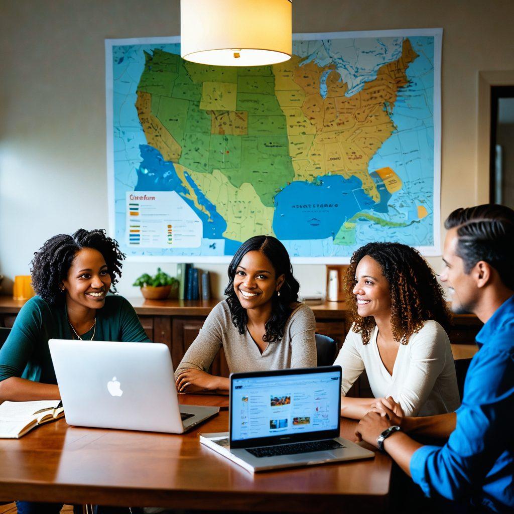A family gathered around a table discussing insurance options, with a laptop open displaying comparison charts. In the background, a map of Cook's County is pinned on the wall, highlighting local businesses. The scene is warm and inviting, showcasing diversity in family members and thoughtful expressions. Infographics about coverage options subtly integrated into the background. super-realistic. vibrant colors. soft lighting.