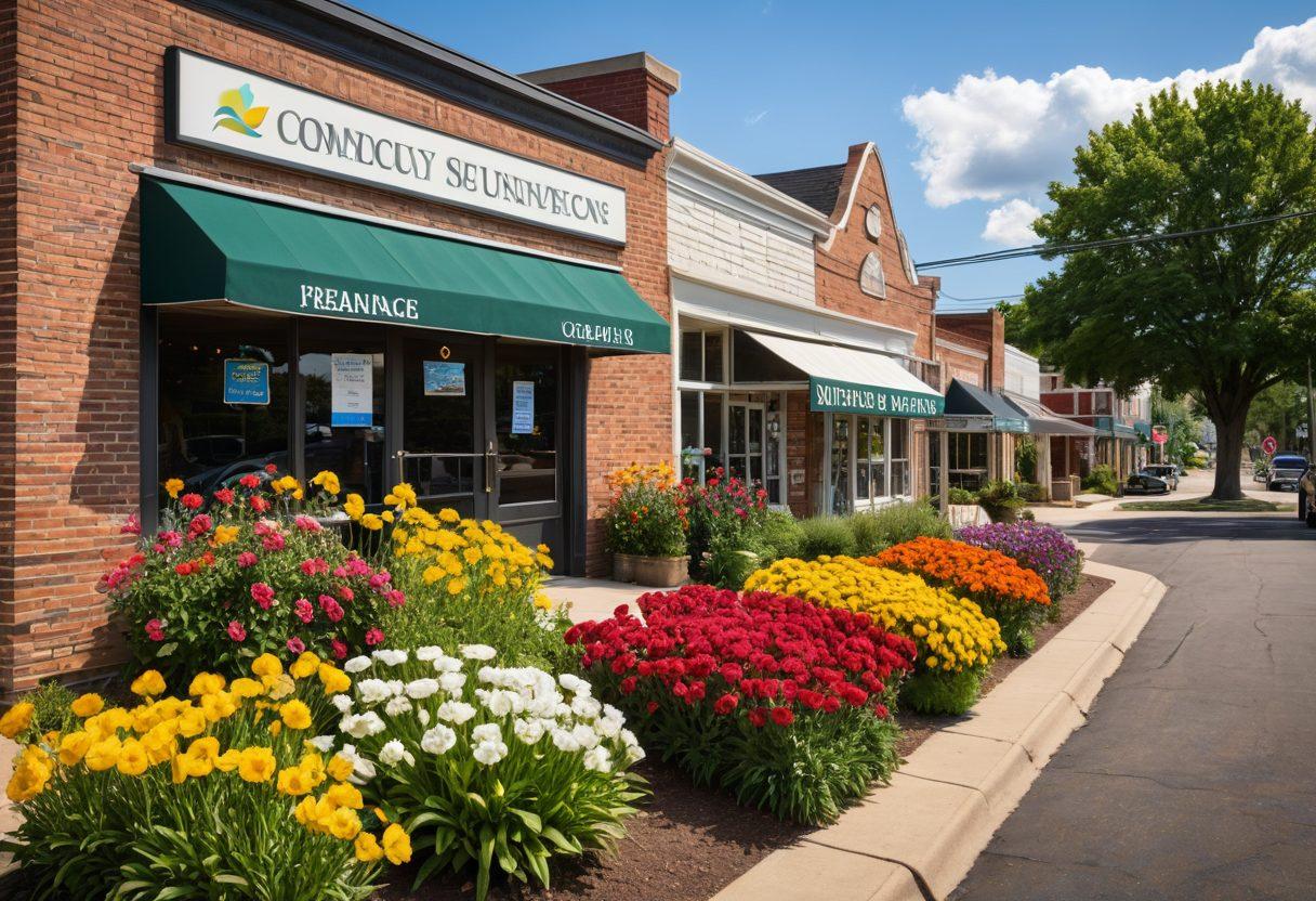 A serene landscape of Cook's County with a picturesque small-town backdrop, featuring a cozy local insurance office with a welcoming sign. Include friendly agents engaging with diverse customers while colorful flowers bloom around them, symbolizing community trust and care. Bright sunlight illuminates the scene, highlighting the warmth of local connections. super-realistic. vibrant colors.